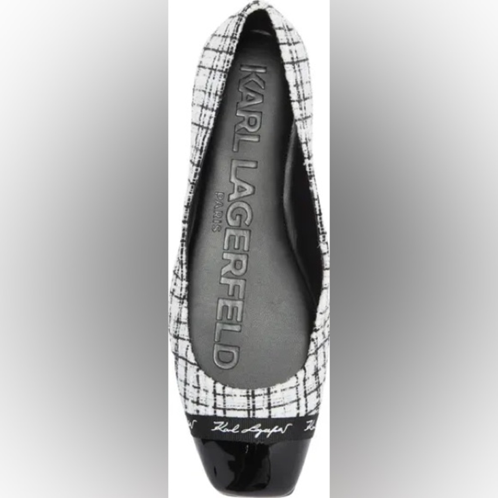 Karl Lagerfeld Checkered Black and White Loafers Zofia Cap Toe Tweed Flat